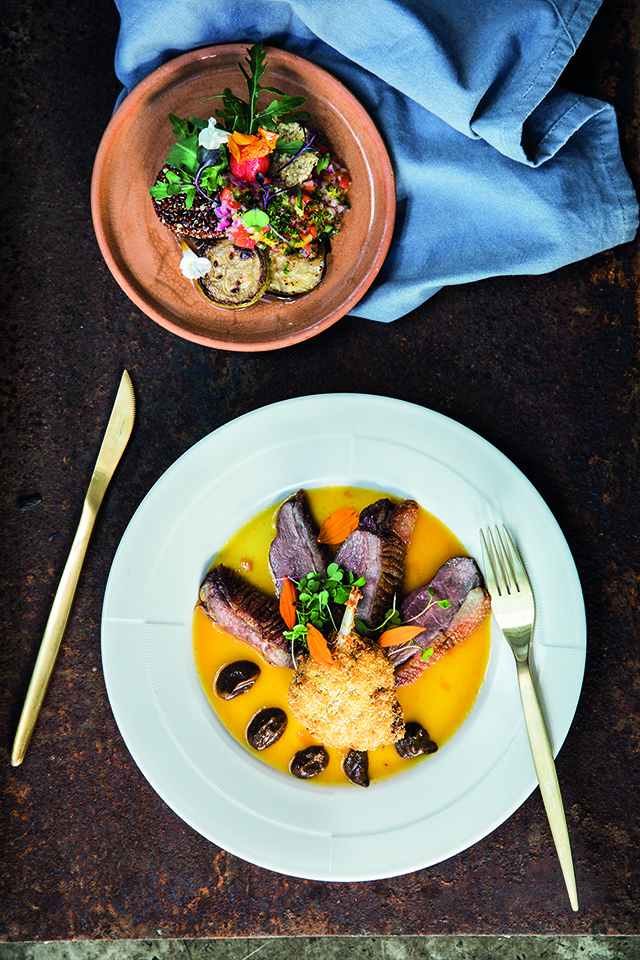 ensalada fresca. pato en salsa de peras al azafrán con puré de hongos